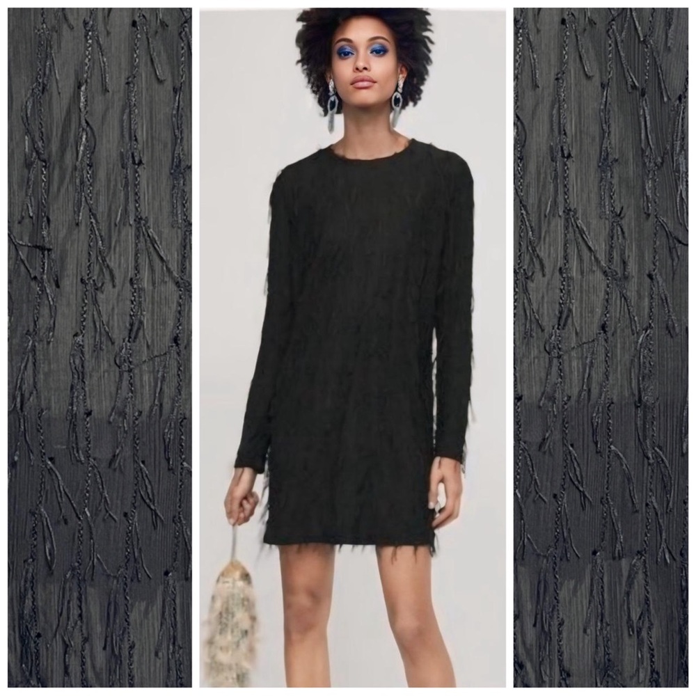•ZARA• Black Fringe Semi Sheer Long Sleeve Cocktail Party Mini Dress in Size S